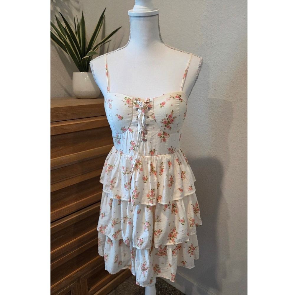 Altar'd State Floral Corset Tiered Ruffle Mini Dress Cream Pink Cottagecore M
